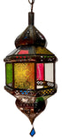 An ornate hanging Moroccan-style lantern with a dark bronze metal frame and colorful stained glass panels in green, gold, pink, and clear, shown against a white background.