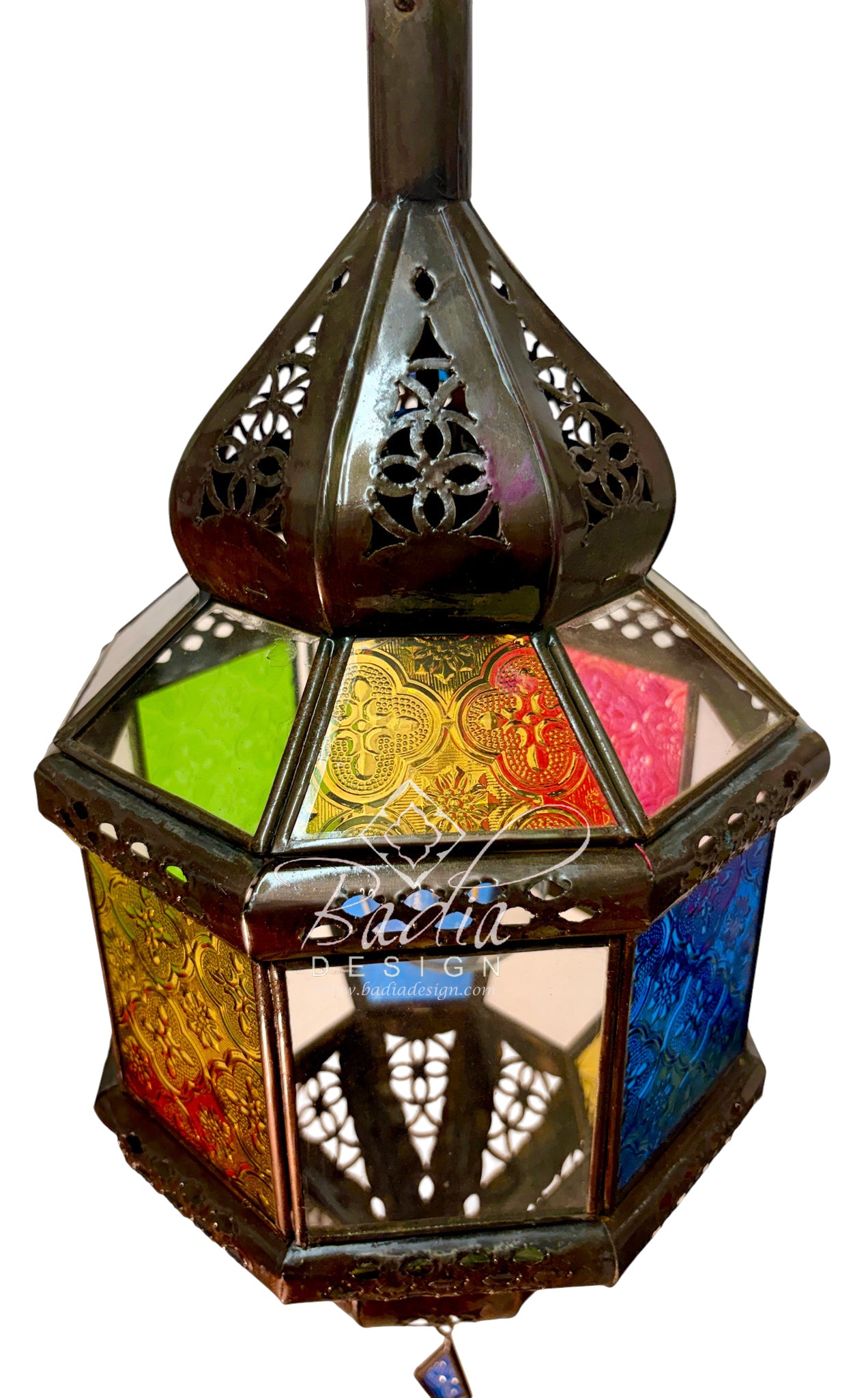 A Moroccan-style hanging lantern with a dark metal frame and colorful stained glass panels in green, gold, red, pink, orange, and blue, shown against a white background.