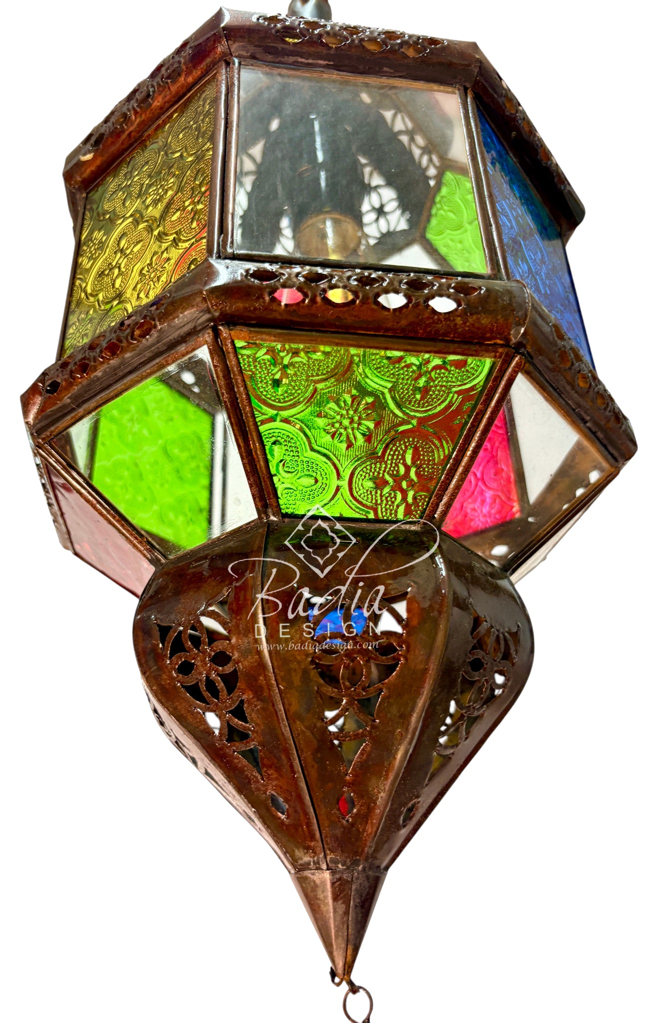 Ornate Hanging Lantern with Multi-Color Glass Panels