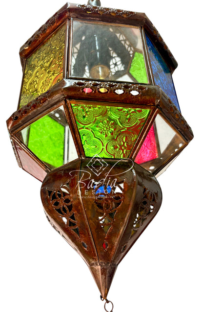 Ornate Hanging Lantern with Multi-Color Glass Panels