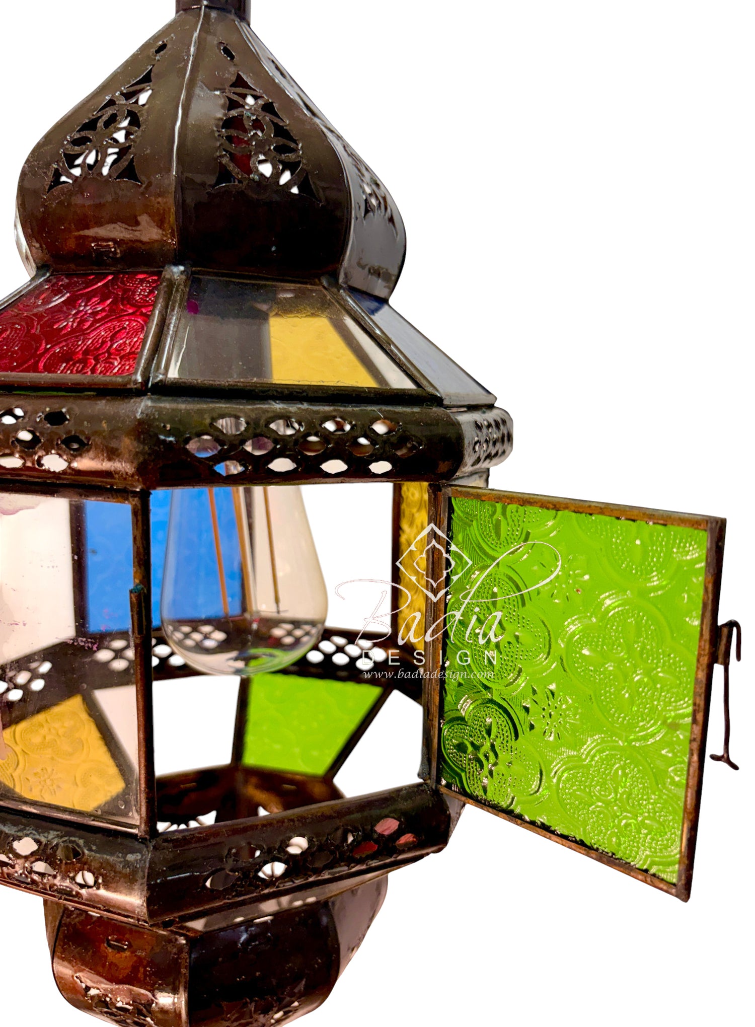 Ornate Hanging Lantern with Multi-Color Glass Panels