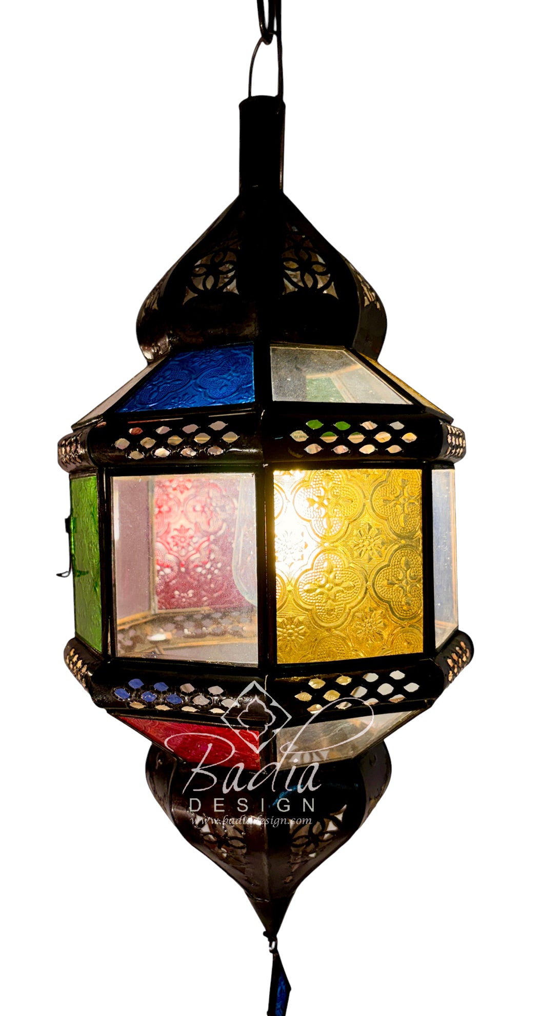 A hanging Moroccan-style lantern with a black metal frame and colorful stained glass panels, including blue, green, yellow, and pink sections, shown against a white background.