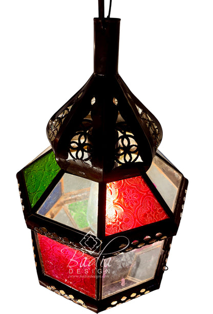 Ornate Hanging Lantern with Multi-Color Glass Panels