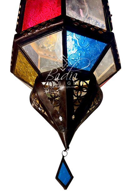 Ornate Hanging Lantern with Multi-Color Glass Panels