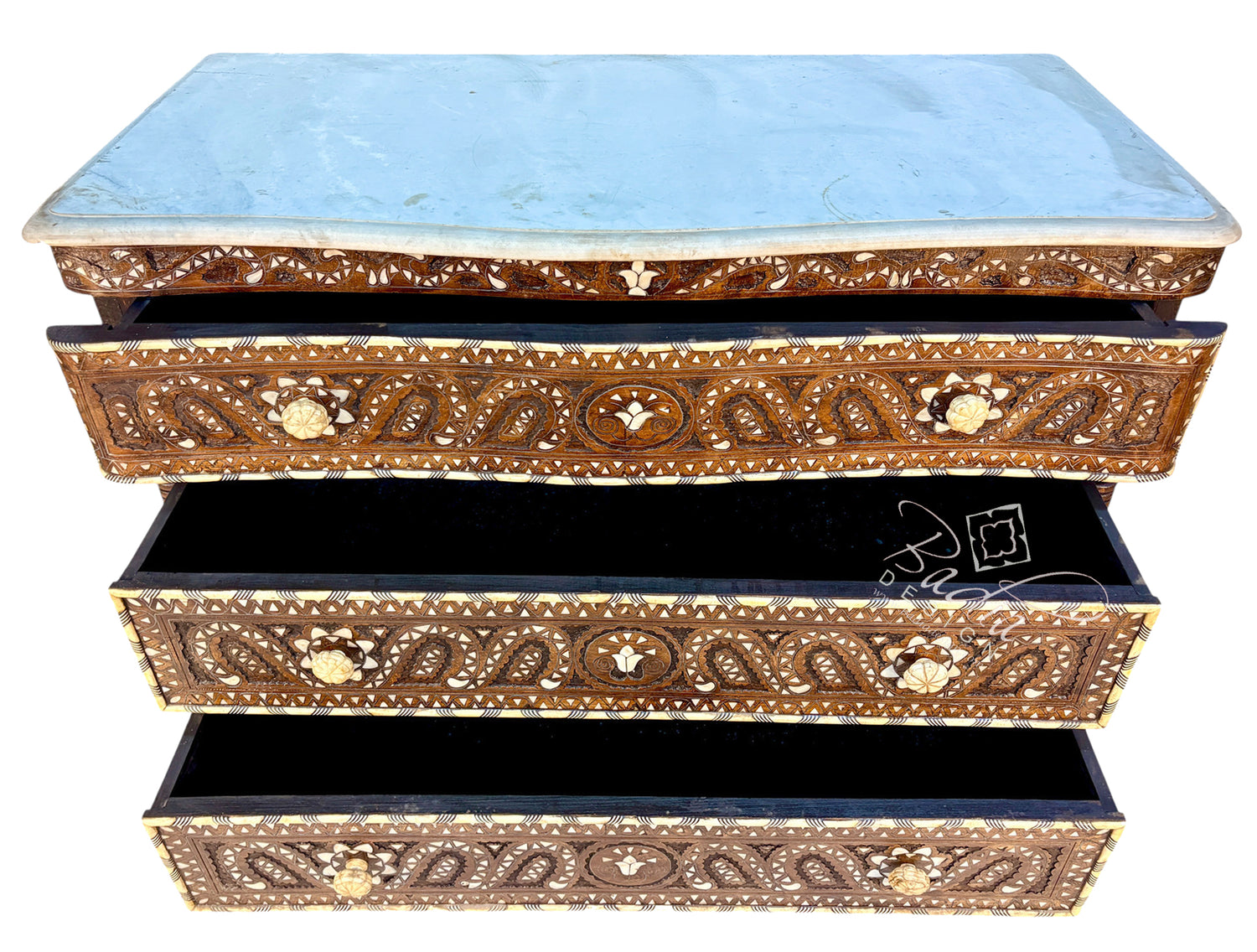 Ornate Wooden Dresser with Decorative Inlay