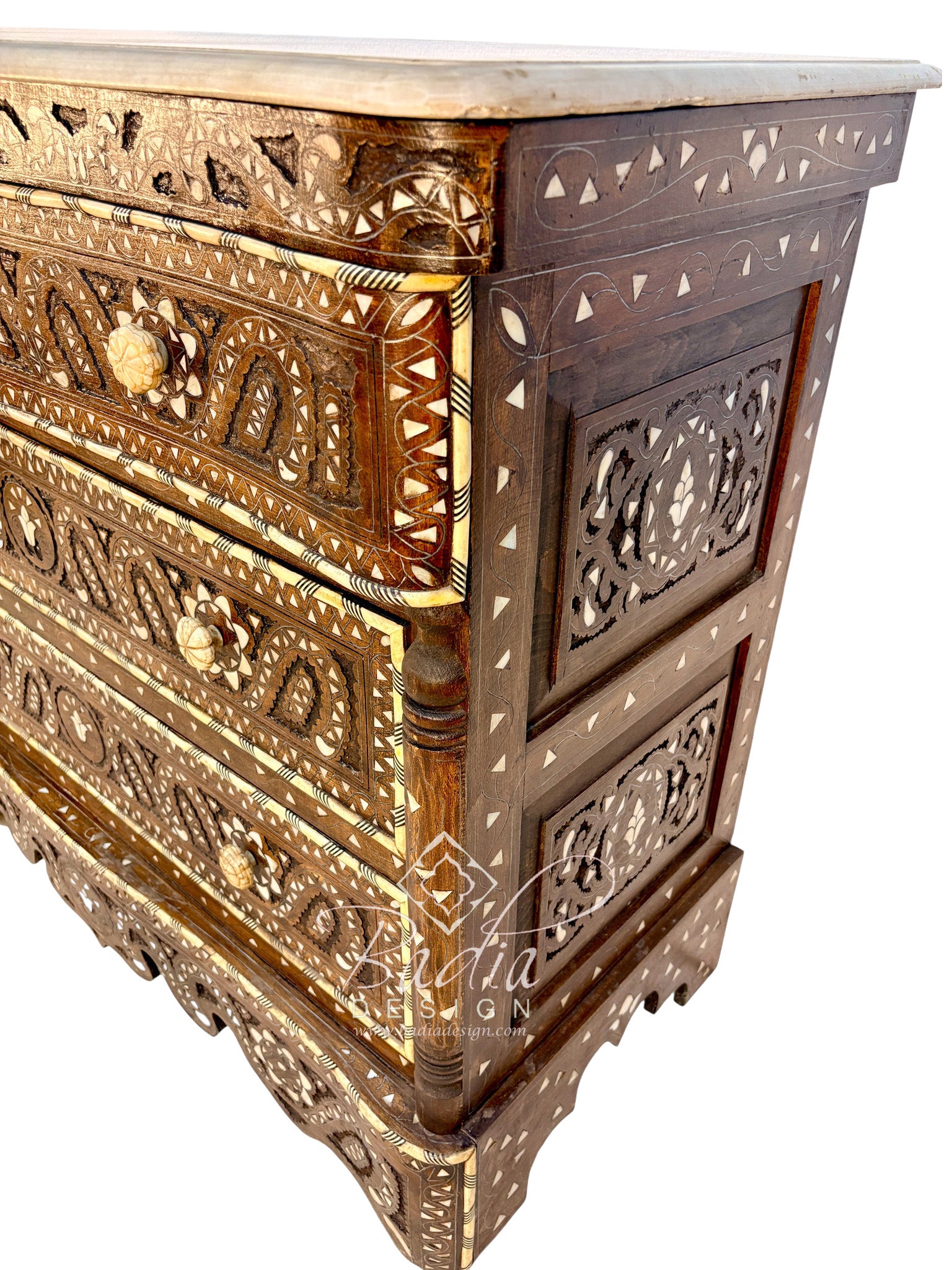 Ornate Wooden Dresser with Decorative Inlay