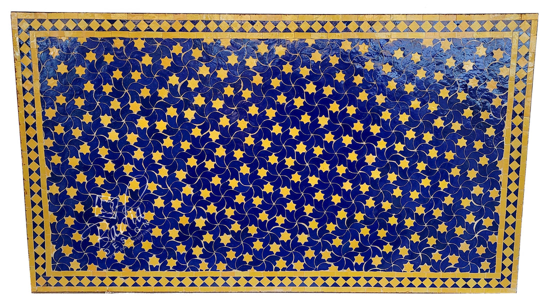 36"W x 63"L Blue and Yellow Intricate Mosaic Tile Table Top