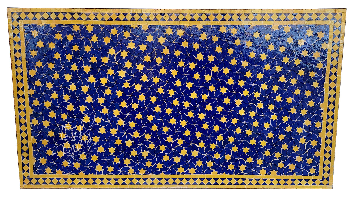 36"W x 63"L Blue and Yellow Intricate Mosaic Tile Table Top