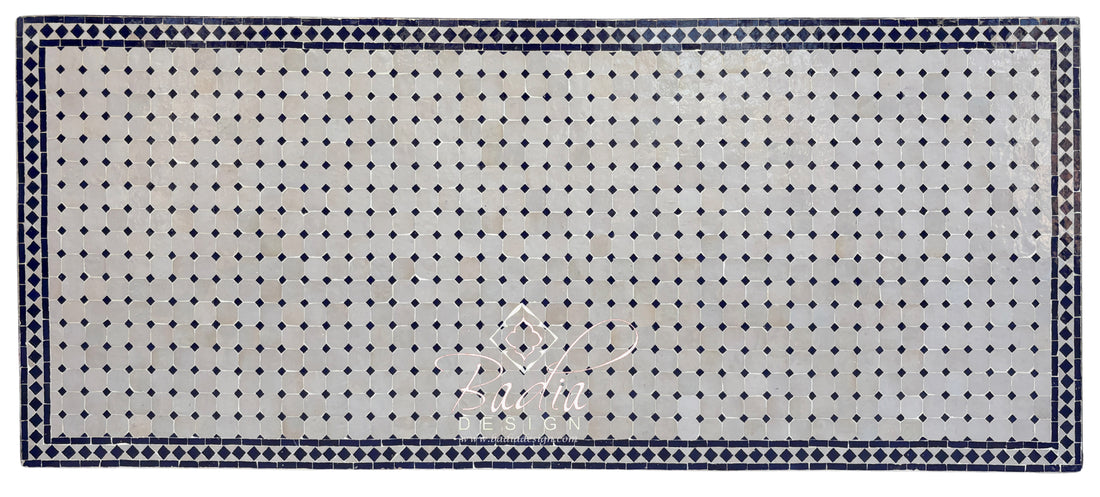 40"W x 96"L Moroccan Mosaic Blue and Off-White Tile Table