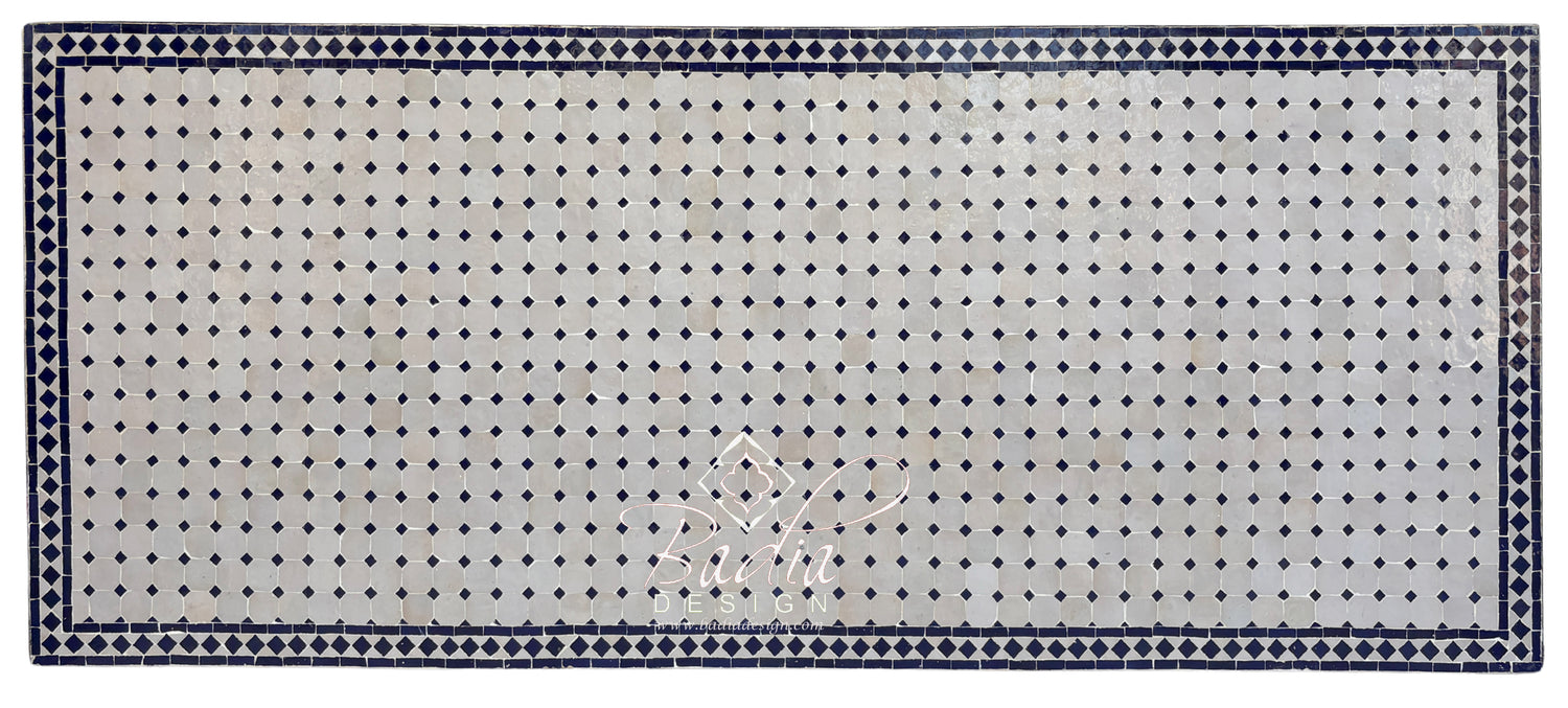 40"W x 96"L Moroccan Mosaic Blue and Off-White Tile Table