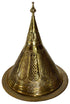 Decorative brass cone-shaped object with intricate designs on a white background