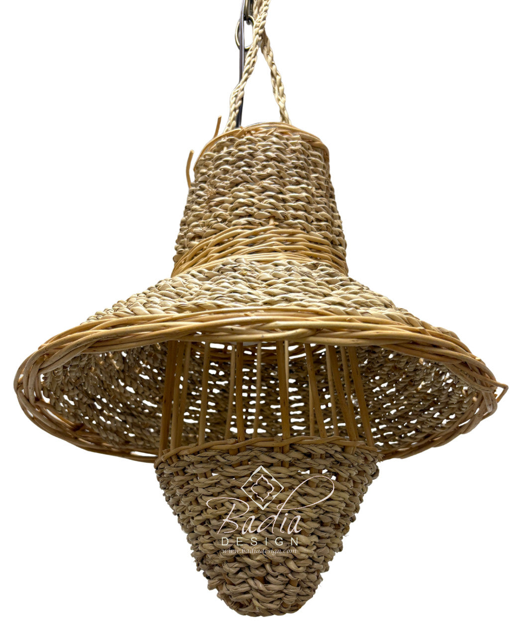 Woven straw pendant light with on a white background