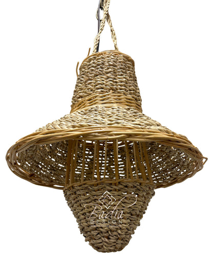 Woven straw pendant light with on a white background