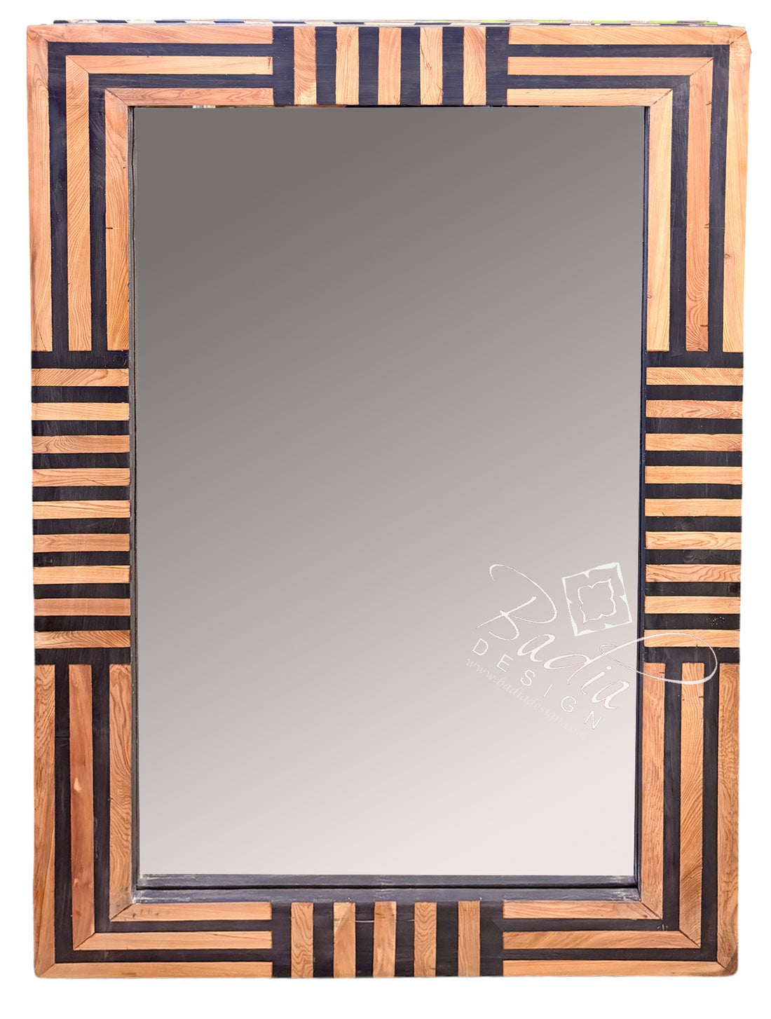 A rectangular wall mirror with a decorative geometric frame made of alternating light and dark wood stripes, shown against a plain white background.