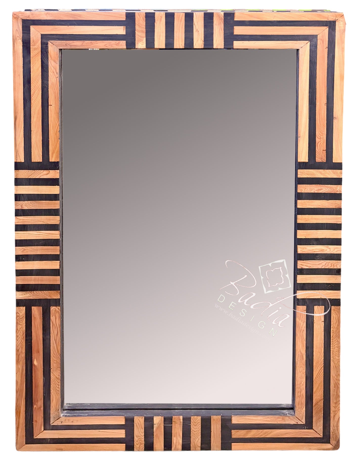 A rectangular wall mirror with a decorative geometric frame made of alternating light and dark wood stripes, shown against a plain white background.
