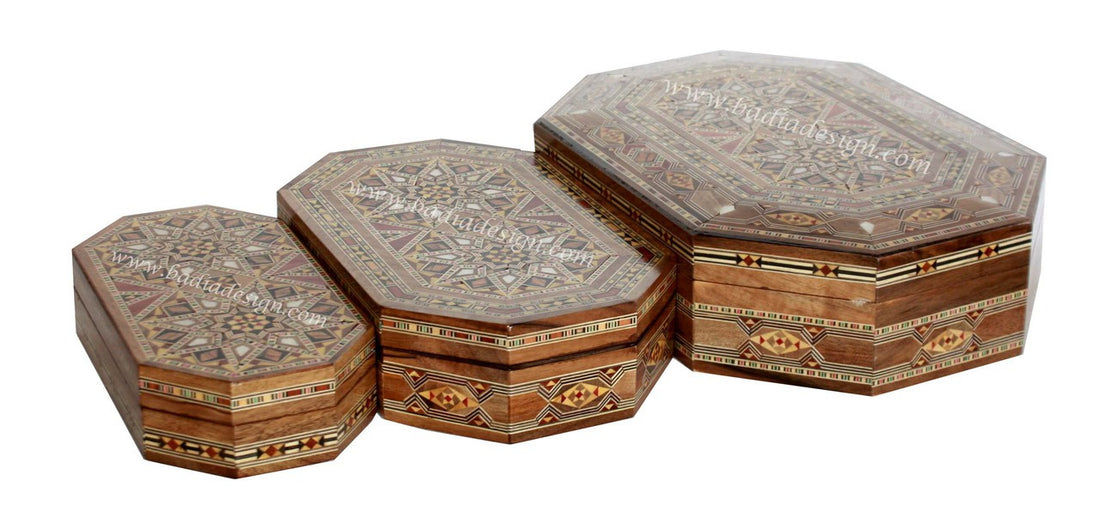 Three Rectangular Moroccan Inlaid Wooden Jewelry Boxes