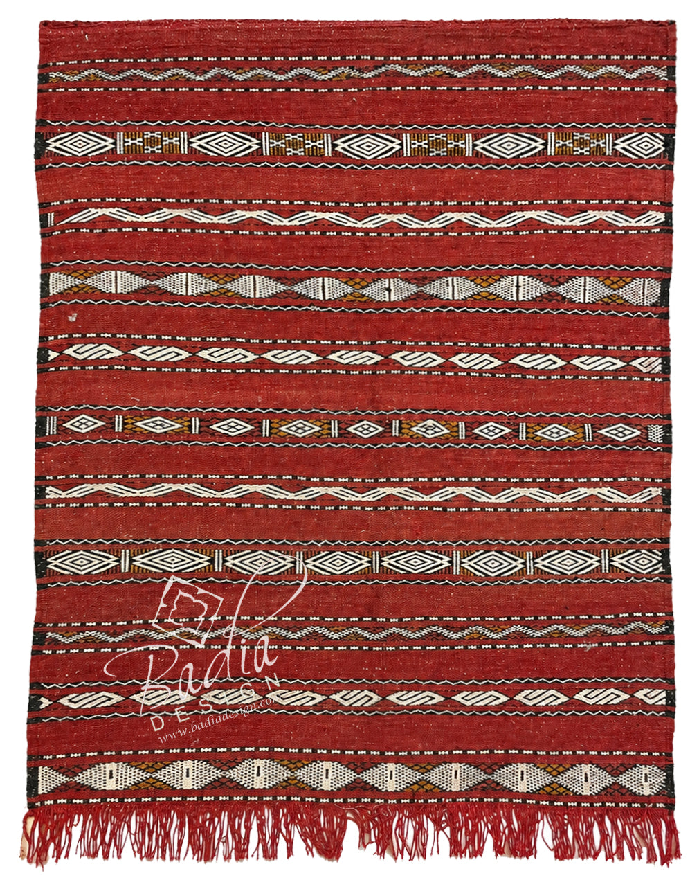 Moroccan Area Rug with Terracotta Base and Tribal Bands