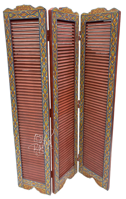 A three-panel folding screen with reddish-brown louvered panels and ornate blue, gold, and green painted borders, shown on a plain white background.