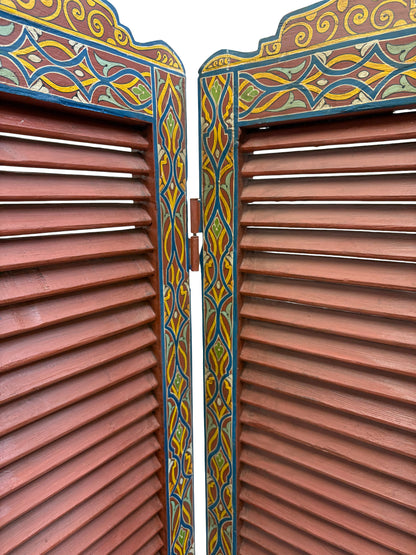 Red Multi-Color Geometric Folding Wood Room Divider