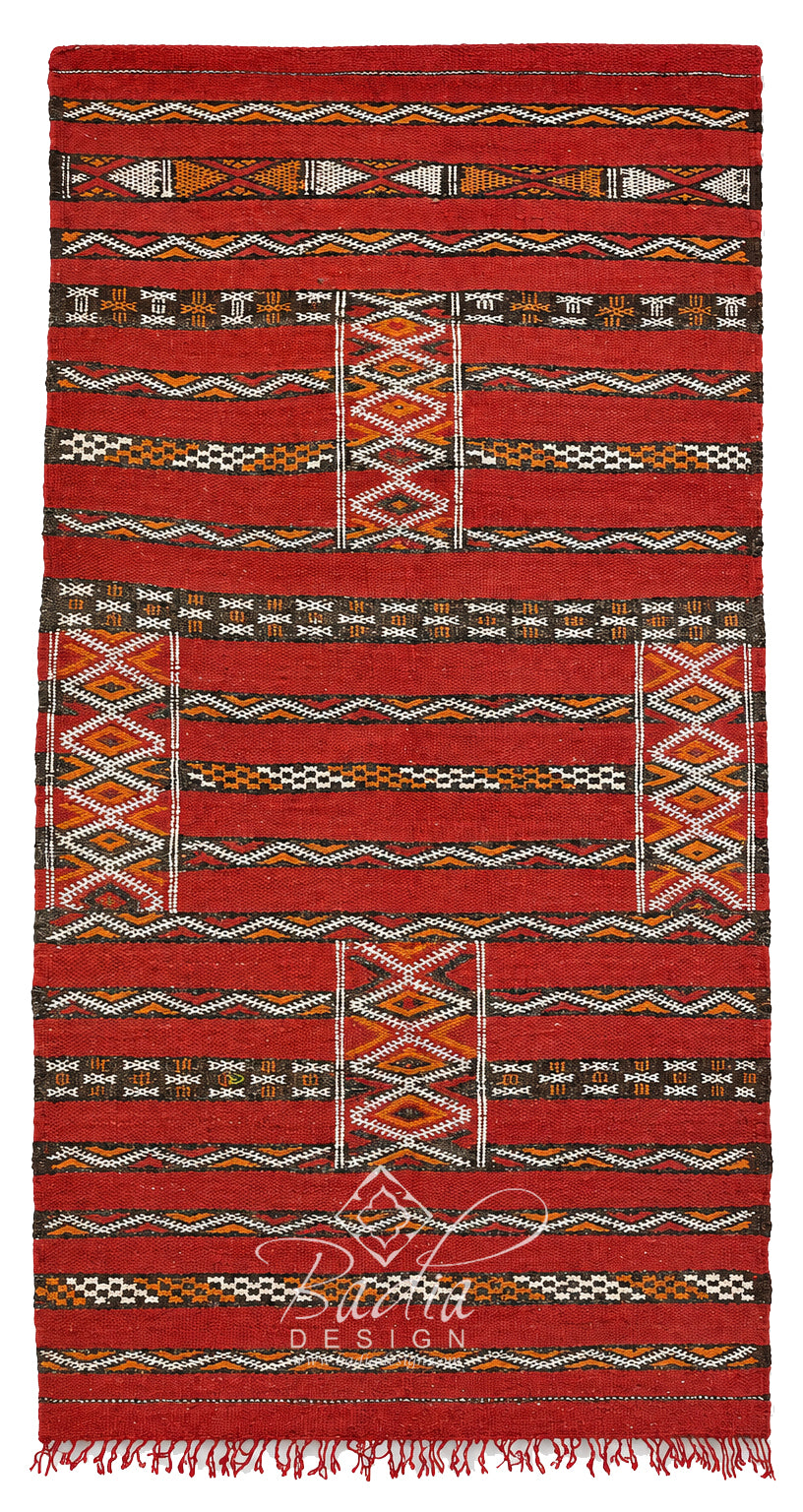 Red Moroccan Kilim Style Rug with Geometric Designs