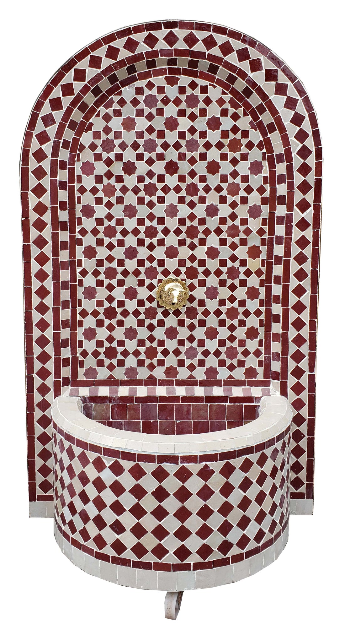 Red and Beige Moroccan Mosaic Tile Water Fountain with an Arch Top