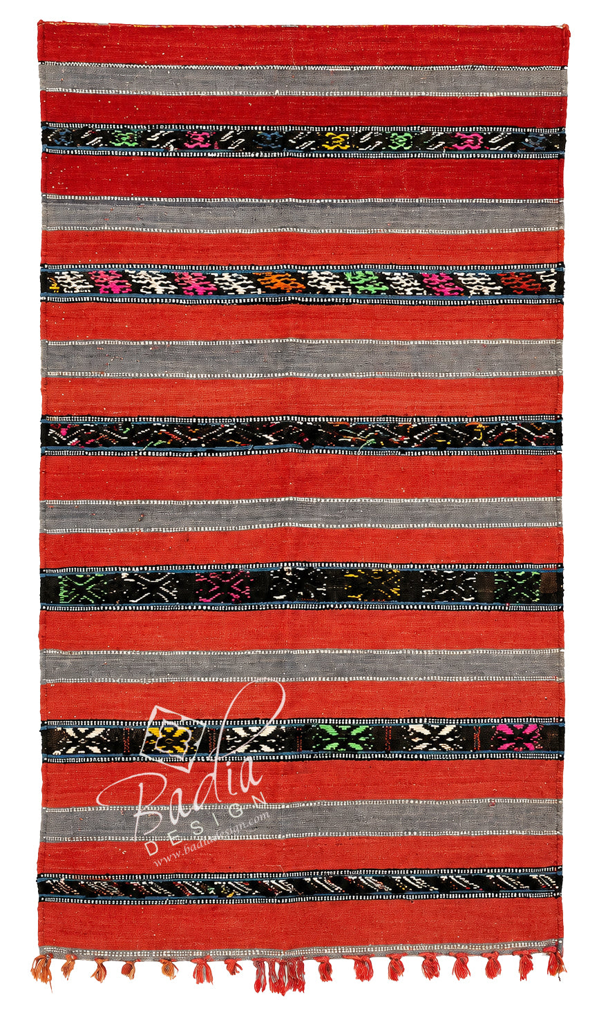 Red Moroccan Rug with Colorful Kilim Stripe Design
