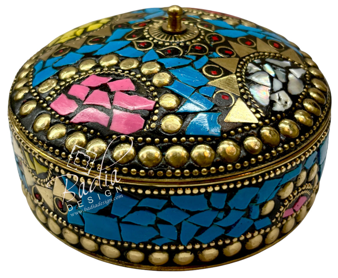 Moroccan Blue Resin Inlay Jewelry Container with Gold Detail