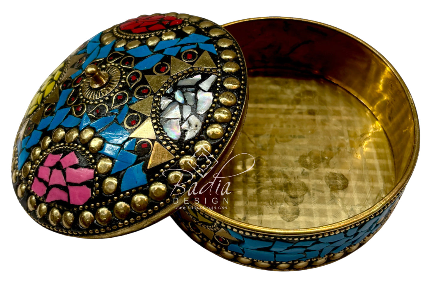 Decorative box with colorful mosaic design with open lid on a white background