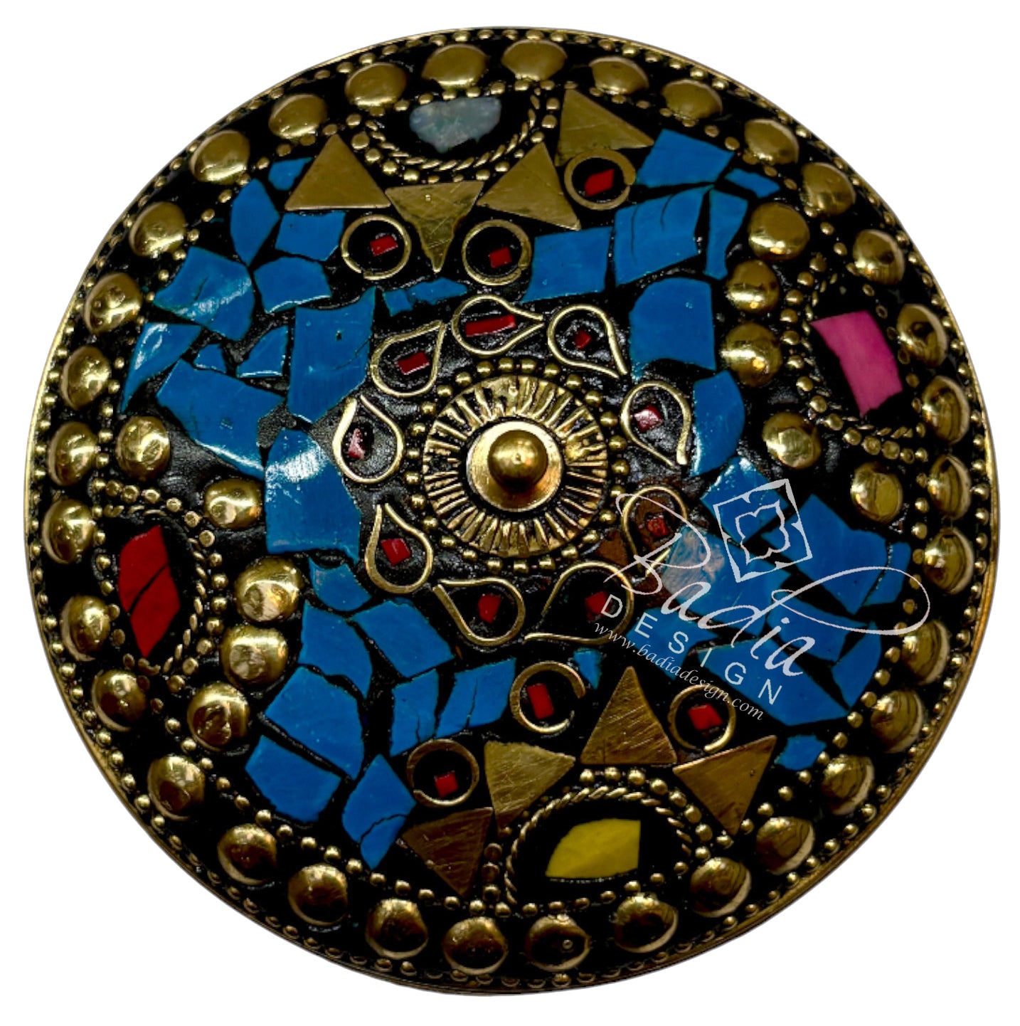 Areal View of Decorative round object with mosaic design and gold accents.