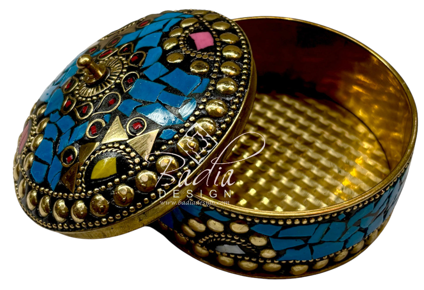 Decorative box with mosaic design and gold accents with open lid and gold interior.