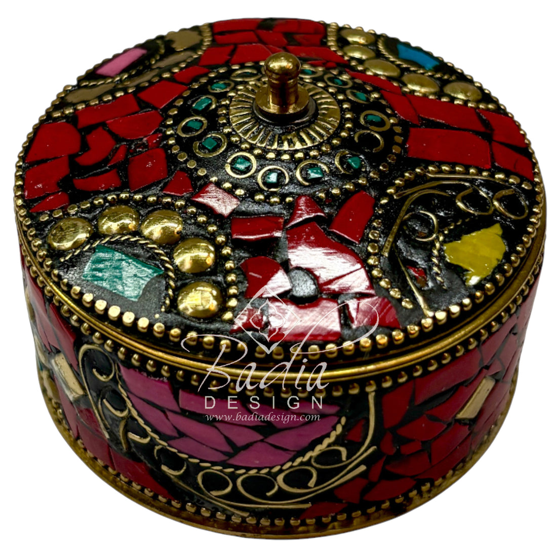 Red Moroccan Resin Container with Gold Metal Detail