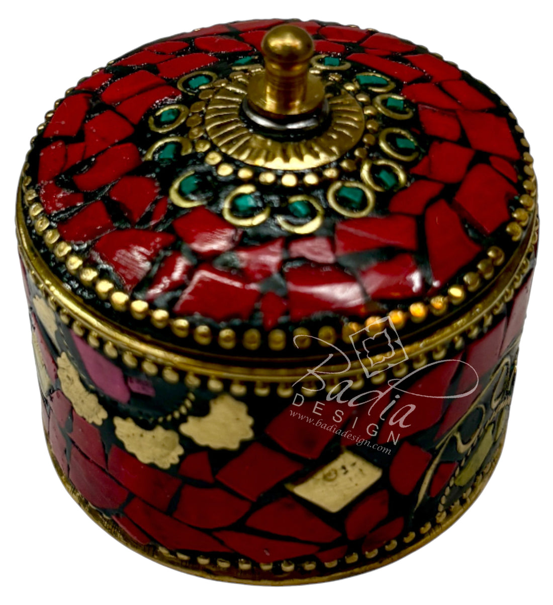 Decorative box with red mosaic design and gold accents, featuring the Buda Design logo.