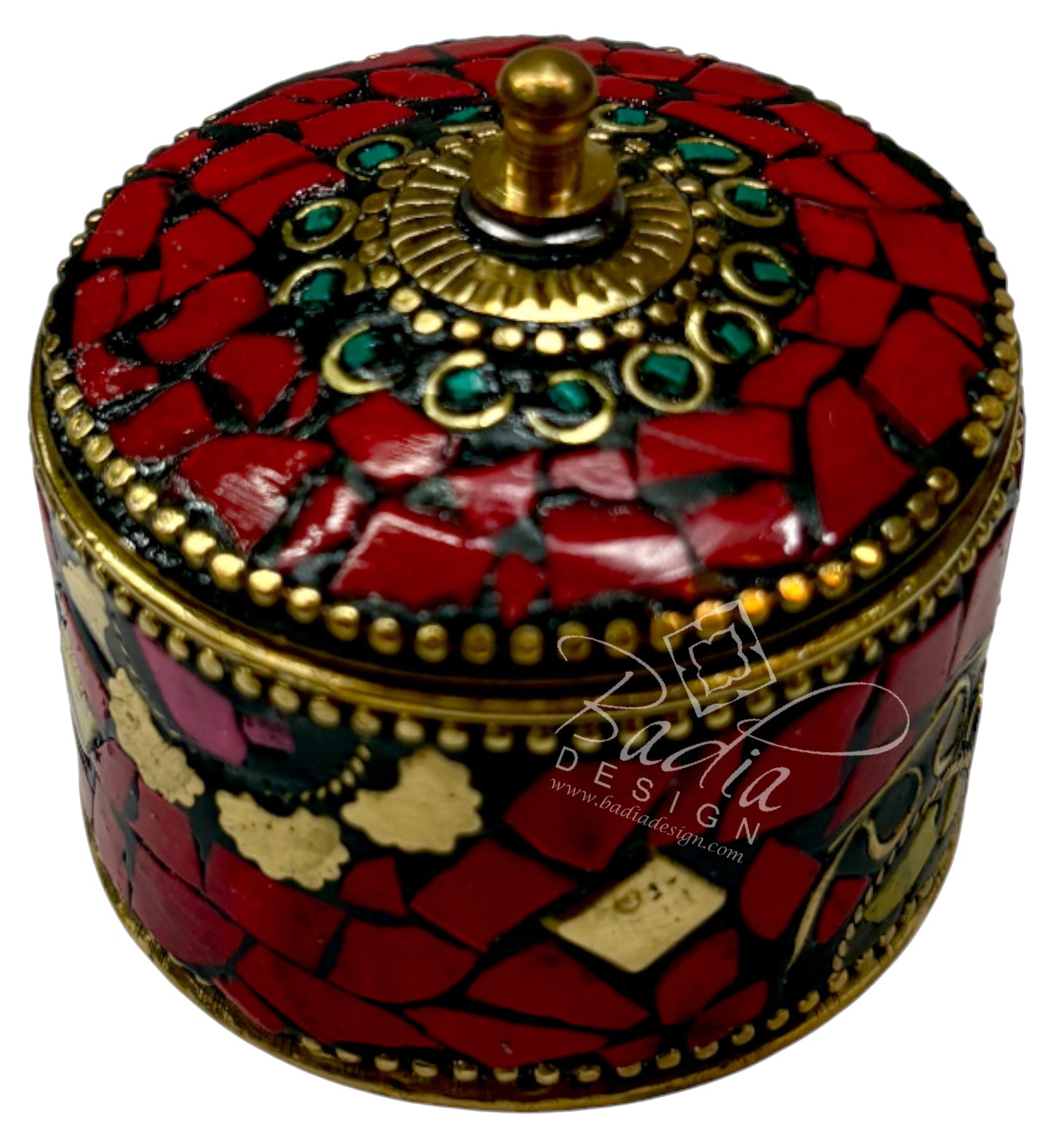 Decorative box with red mosaic design and gold accents, featuring the Buda Design logo.
