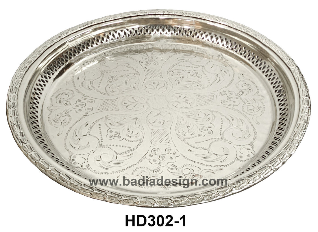 Round Moroccan Brass Engraved Silver Trays from Badia Design Inc.