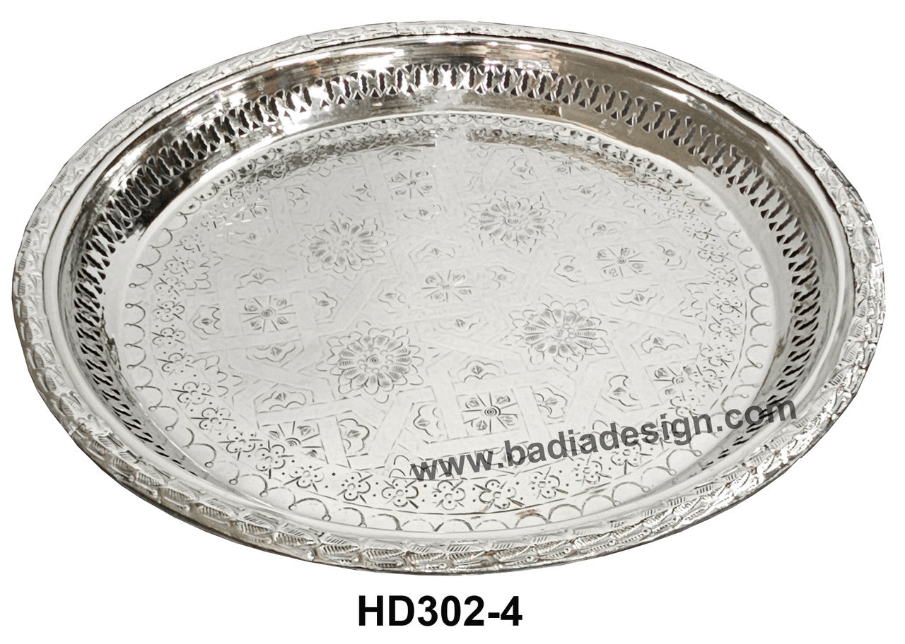 Silver decorative tray with floral patterns on a white background, featuring the brand Moroccan Home Decor.