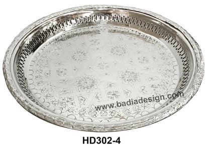 Silver decorative tray with floral patterns on a white background, featuring the brand Moroccan Home Decor.