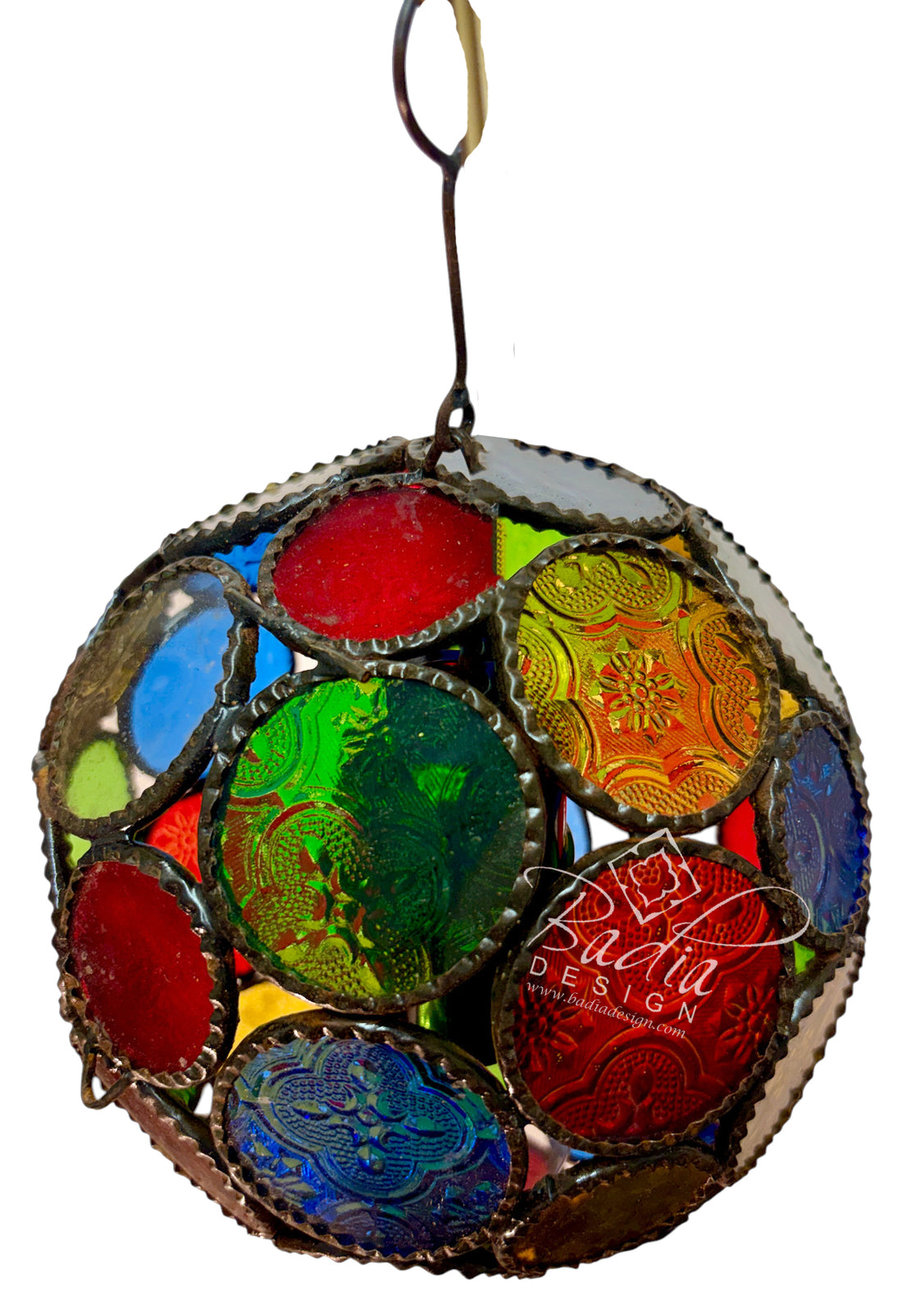 A spherical stained glass ornament featuring multiple colorful glass panels in red, green, blue, yellow, and orange, framed in a silver-toned metal mesh with decorative borders, suspended by a metal ring against a white background.