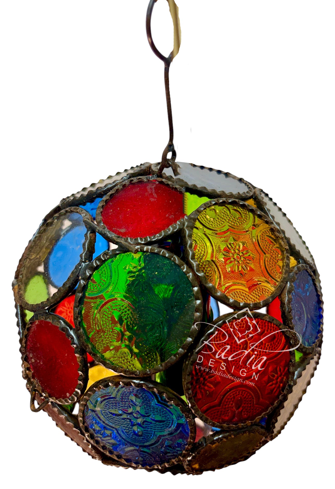 A spherical stained glass ornament featuring multiple colorful glass panels in red, green, blue, yellow, and orange, framed in a silver-toned metal mesh with decorative borders, suspended by a metal ring against a white background.