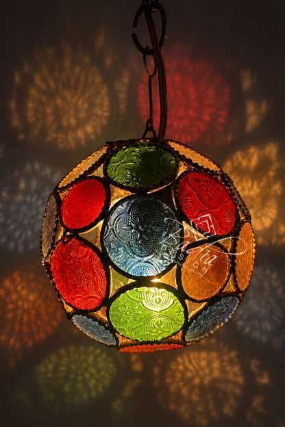 Round Moroccan Multi-Color Glass Hanging Lantern