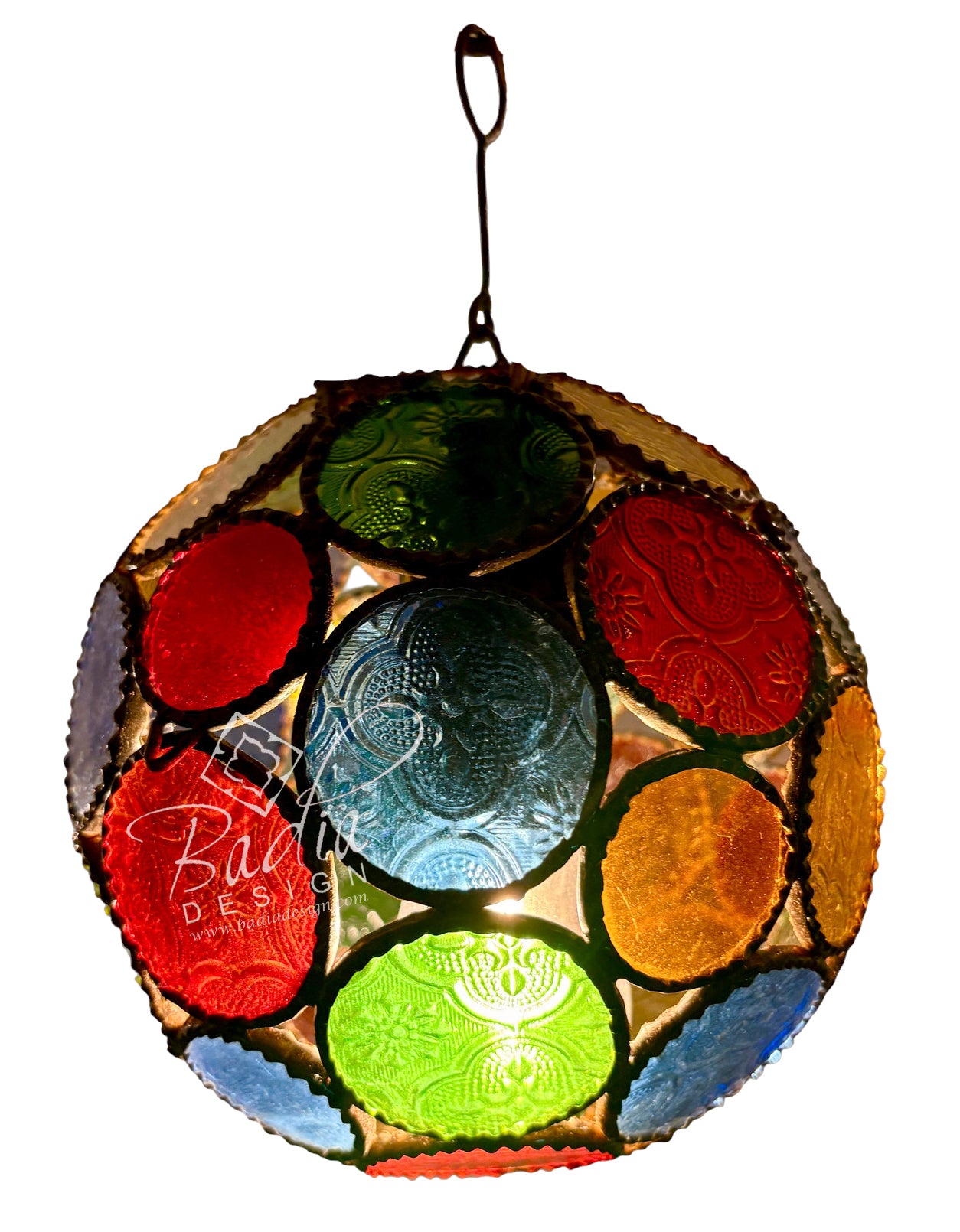 Round Moroccan Multi-Color Glass Hanging Lantern