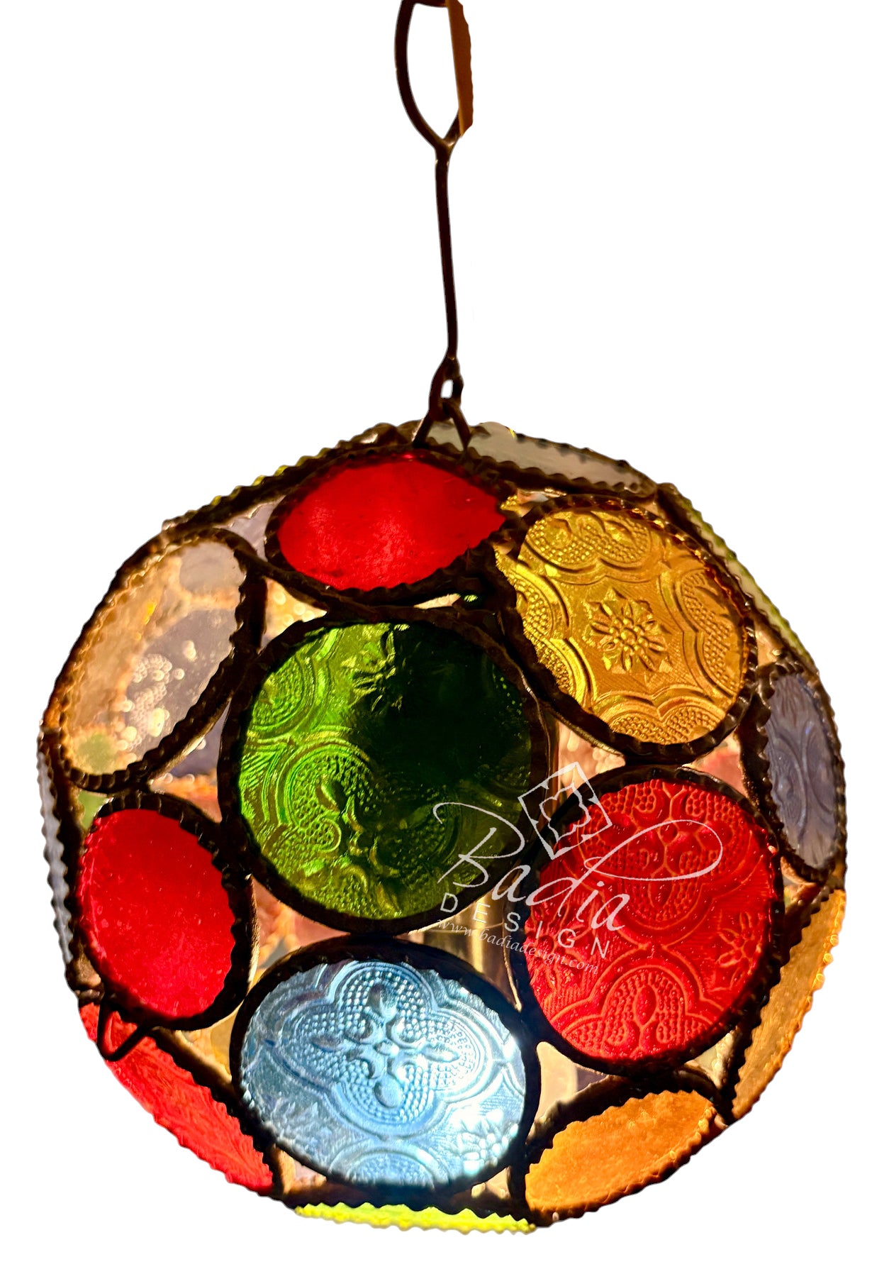 A hanging stained-glass style decorative light or ornament with a circular frame made of multiple colored glass panels including red, green, blue, yellow, orange, and clear sections separated by dark metal outlines, shown on a white background.