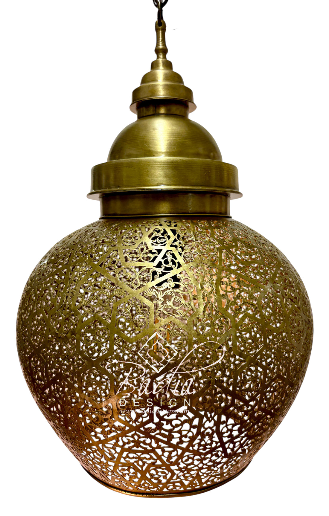 A brass hanging pendant lamp with an intricate laser-cut filigree pattern, shown against a solid white background.
