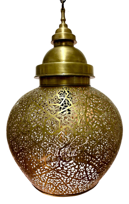 A brass hanging pendant lamp with an intricate laser-cut filigree pattern, shown against a solid white background.