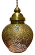 A brass hanging pendant lamp with an intricate laser-cut filigree pattern, shown against a solid white background.