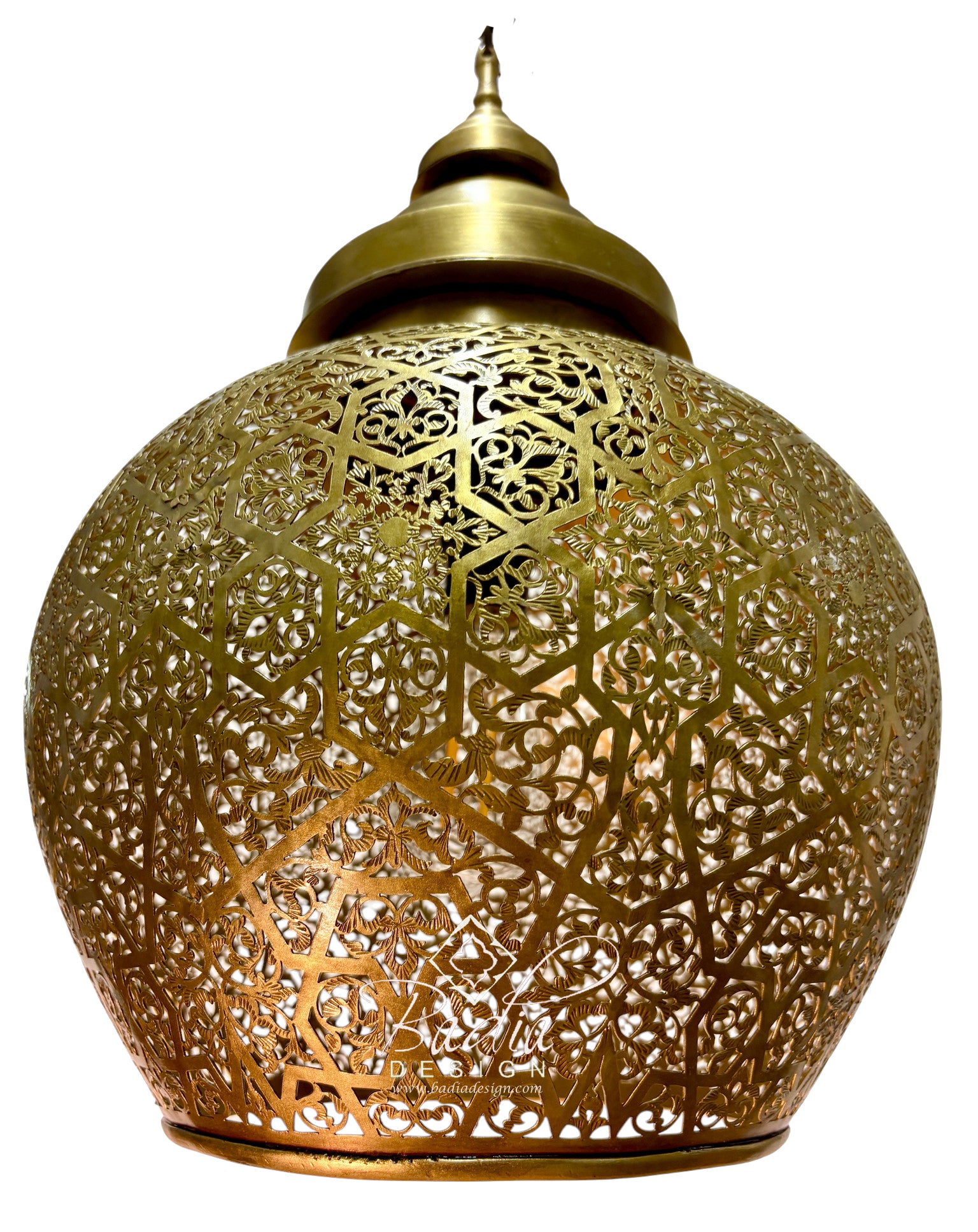 A golden brass Moroccan-style hanging lantern with intricate geometric cutout patterns, shown against a plain white background.