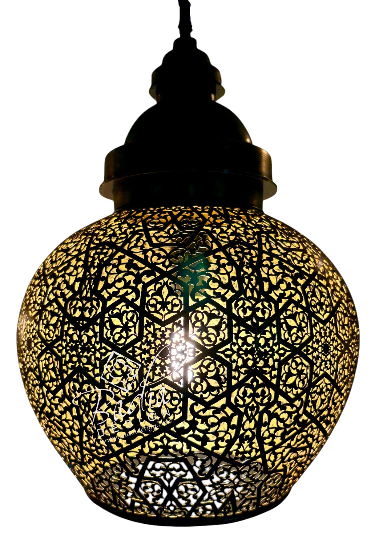 A Moroccan-style hanging pendant lamp with an intricate black metal cutout geometric pattern over a warm yellow-gold glowing bulb, shown against a solid white background.