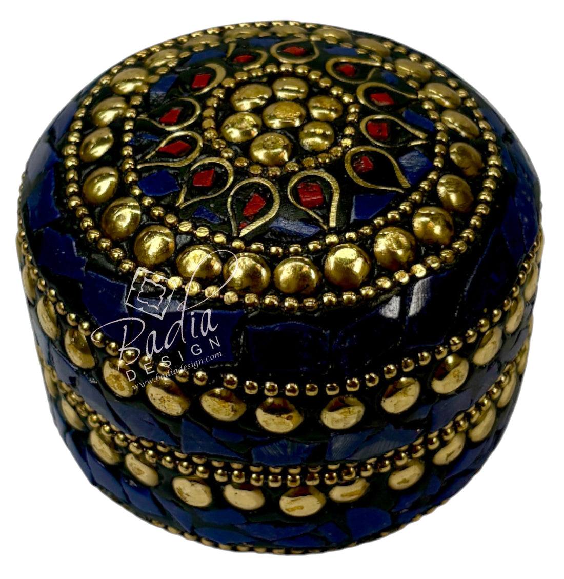 Decorative box with gold and blue patterns on a white background