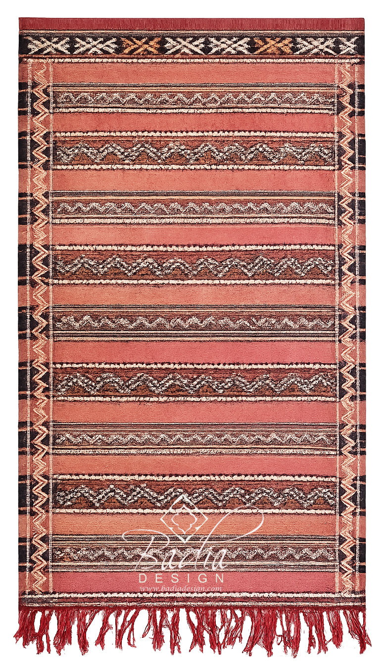 Salmon Pink Moroccan Rug with Traditional Kilim Stripes