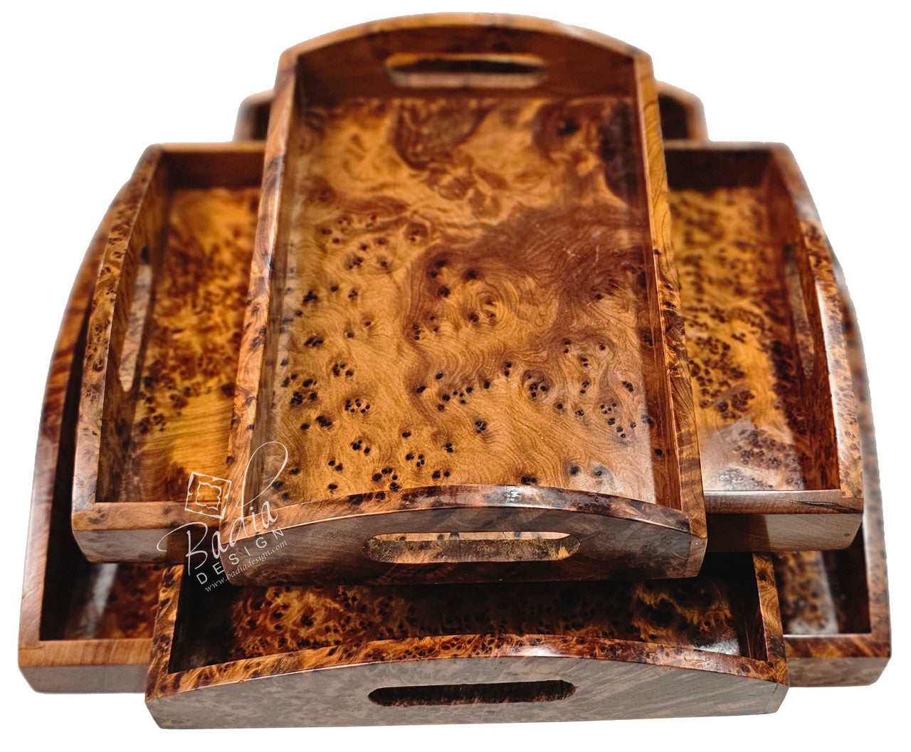 Set of three wooden trays with a burl pattern on a white background