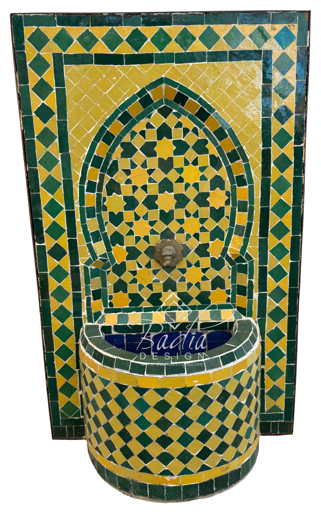Small Moroccan Green and Yellow Mosaic Tile Water Fountain
